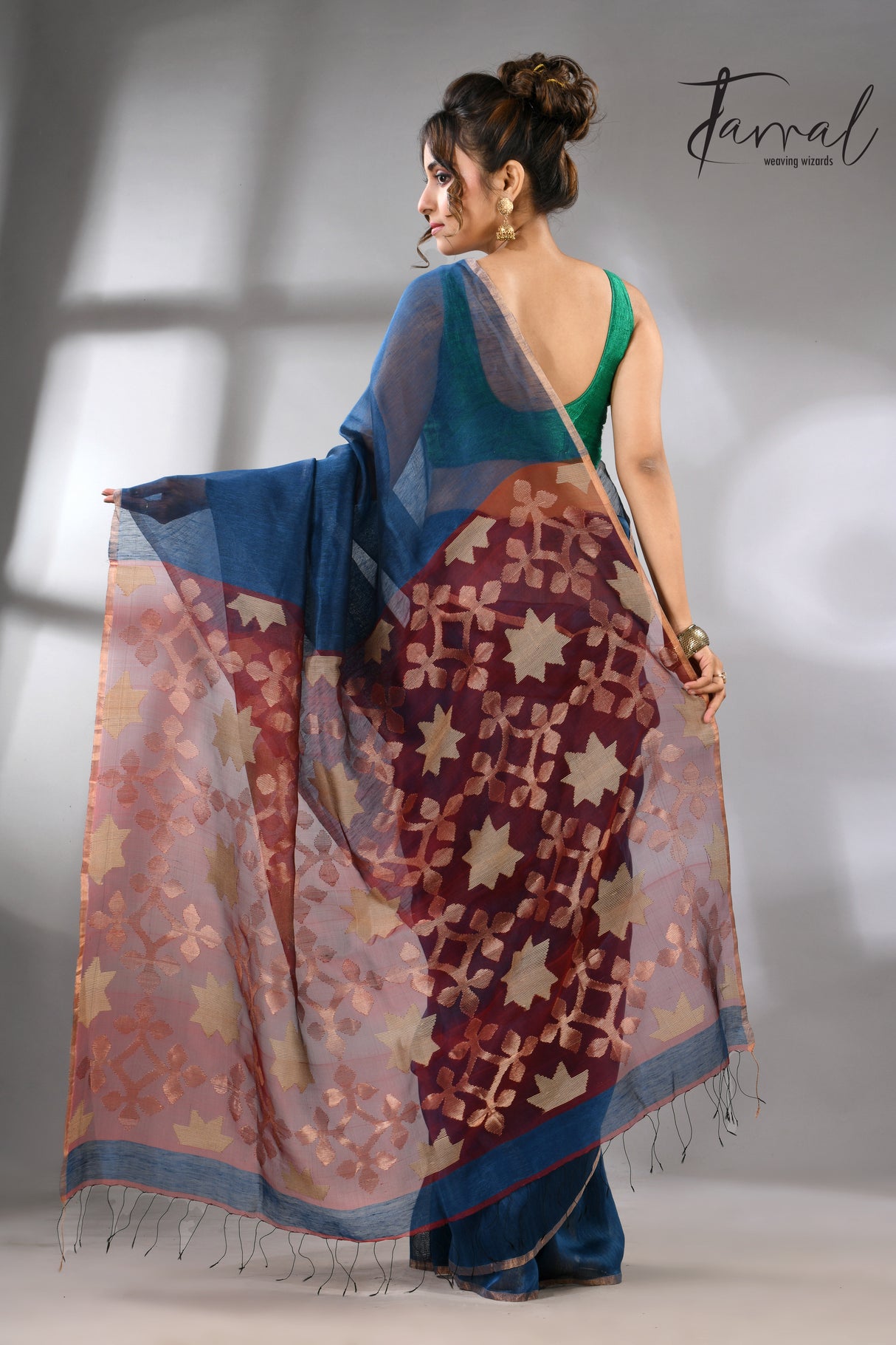 Blue with marron star pallu silk linen handwoven jamdani saree