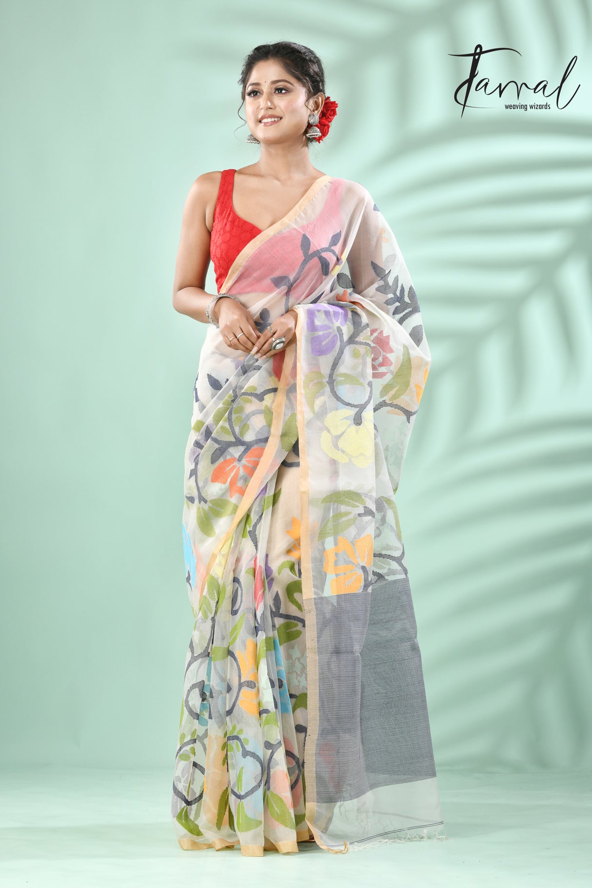 Off white with rainbow matching allover floral handwoven muslin silk jamdani saree