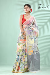 Off white with rainbow matching allover floral handwoven muslin silk jamdani saree