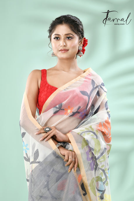 Off white with rainbow matching allover floral handwoven muslin silk jamdani saree