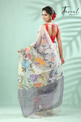 Off white with rainbow matching allover floral handwoven muslin silk jamdani saree