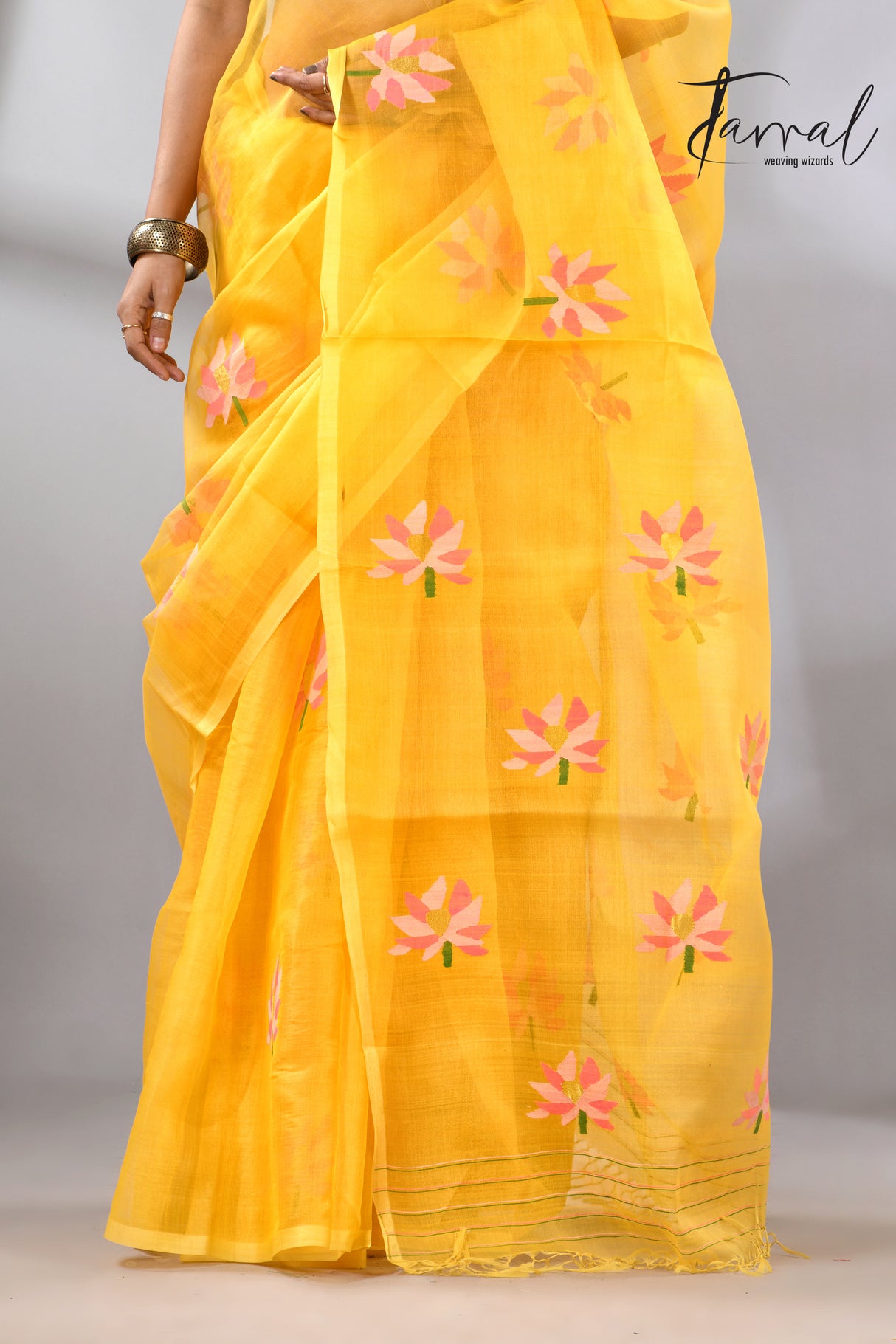 Golden Yellow with multi colour lotus motifs handwoven jamadani silk saree