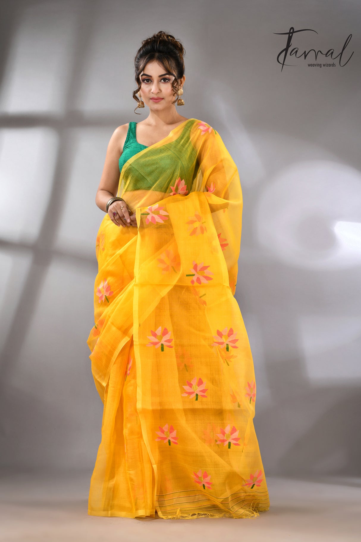 Golden Yellow with multi colour lotus motifs handwoven jamadani silk saree