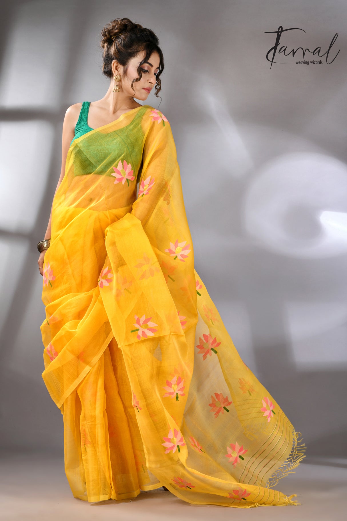 Golden Yellow with multi colour lotus motifs handwoven jamadani silk saree