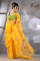 Golden Yellow with multi colour lotus motifs handwoven jamadani silk saree