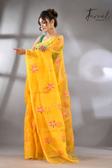 Golden Yellow with multi colour lotus motifs handwoven jamadani silk saree