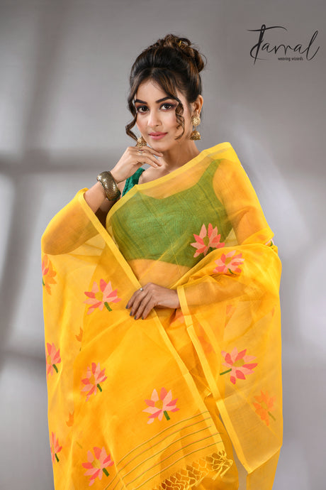 Golden Yellow with multi colour lotus motifs handwoven jamadani silk saree