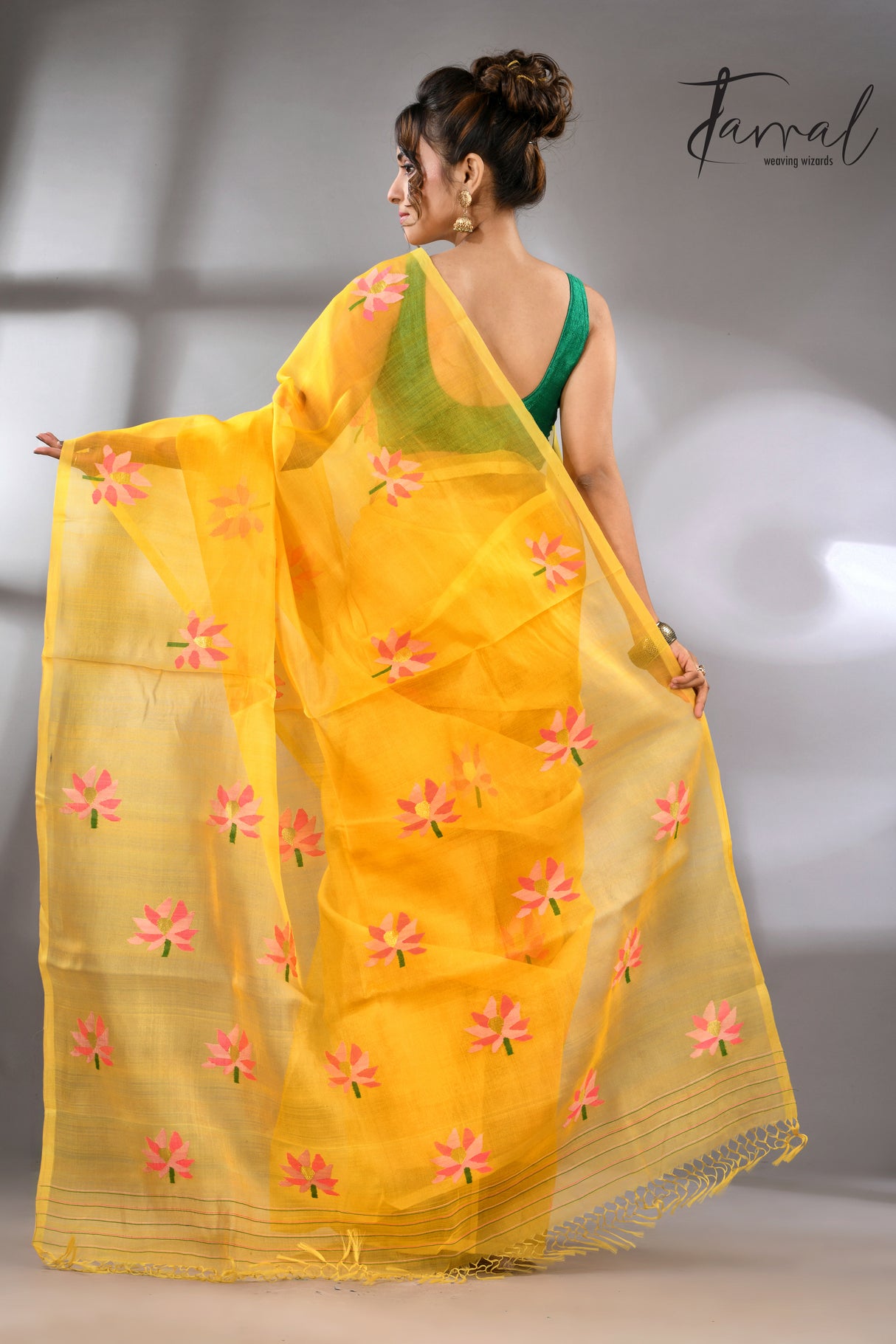 Golden Yellow with multi colour lotus motifs handwoven jamadani silk saree