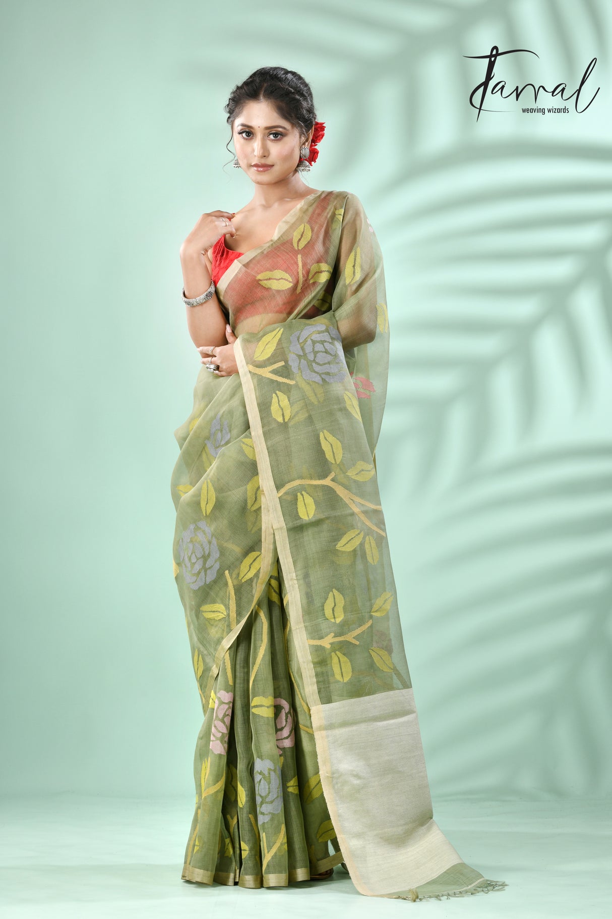 Moss Green rose motifs allover muslin silk hand woven jamdani saree