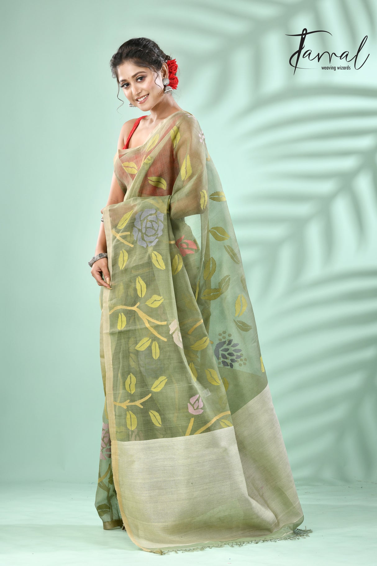 Moss Green rose motifs allover muslin silk hand woven jamdani saree