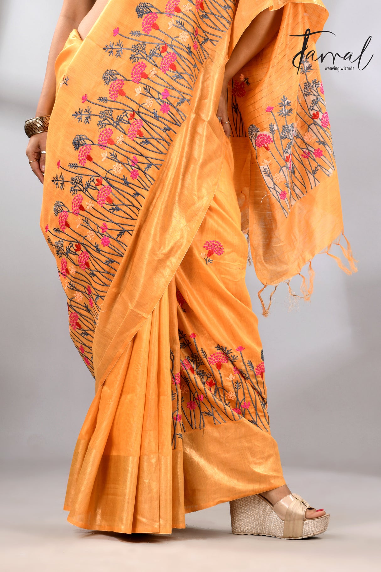 Golden Yellow with zari border bhagolpuri tusser silk embroidered saree