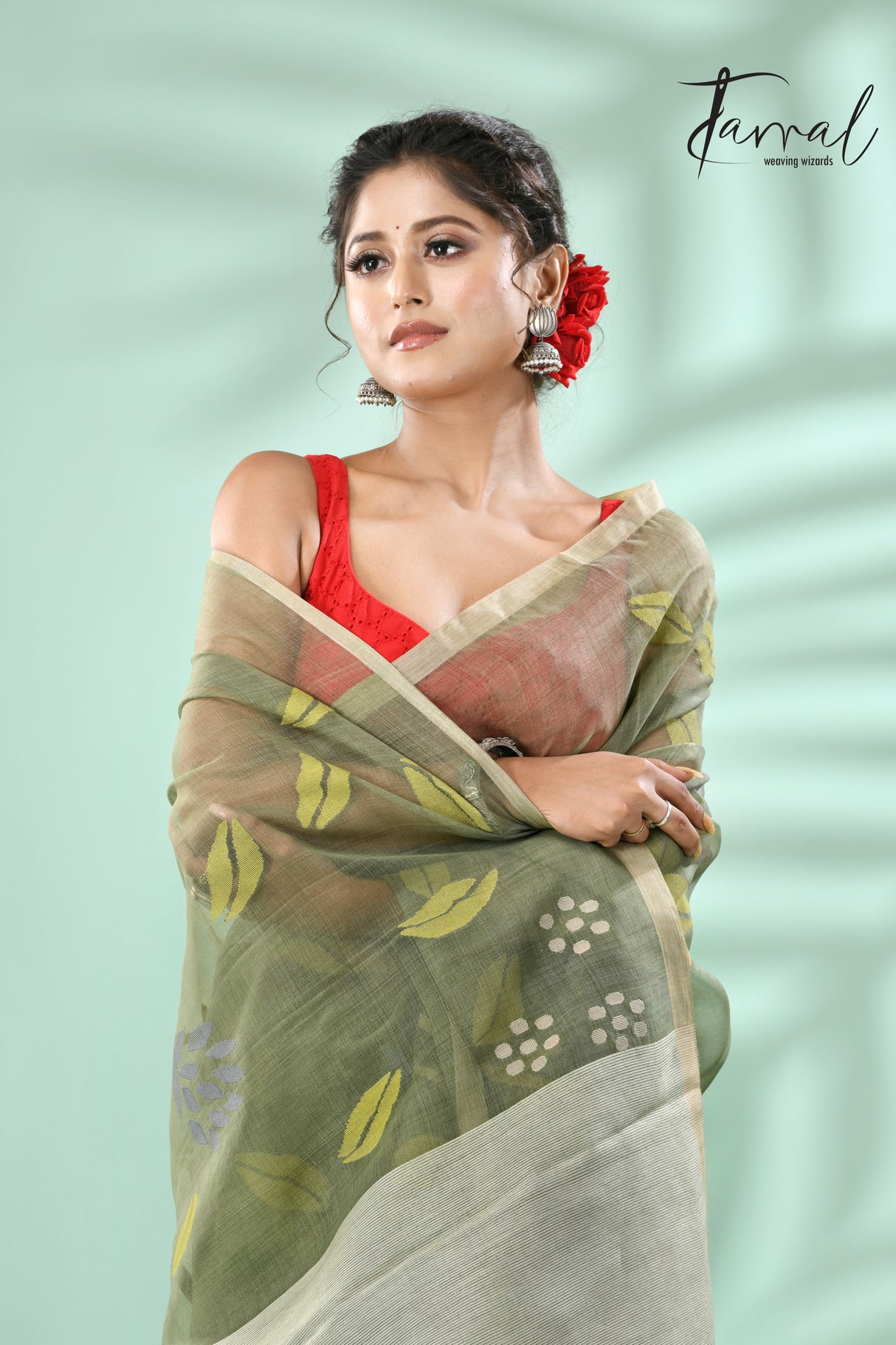 Moss Green rose motifs allover muslin silk hand woven jamdani saree