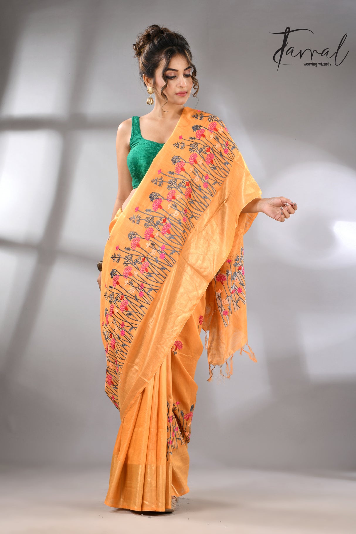 Golden Yellow with zari border bhagolpuri tusser silk embroidered saree