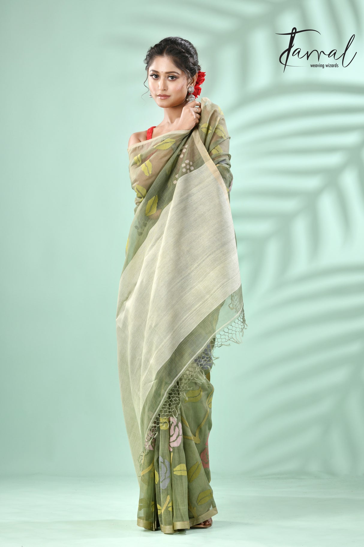 Moss Green rose motifs allover muslin silk hand woven jamdani saree