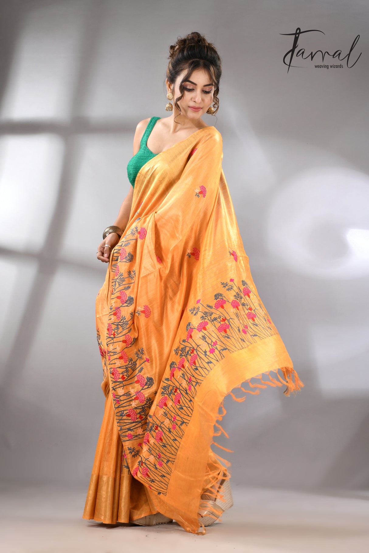 Golden Yellow with zari border bhagolpuri tusser silk embroidered saree