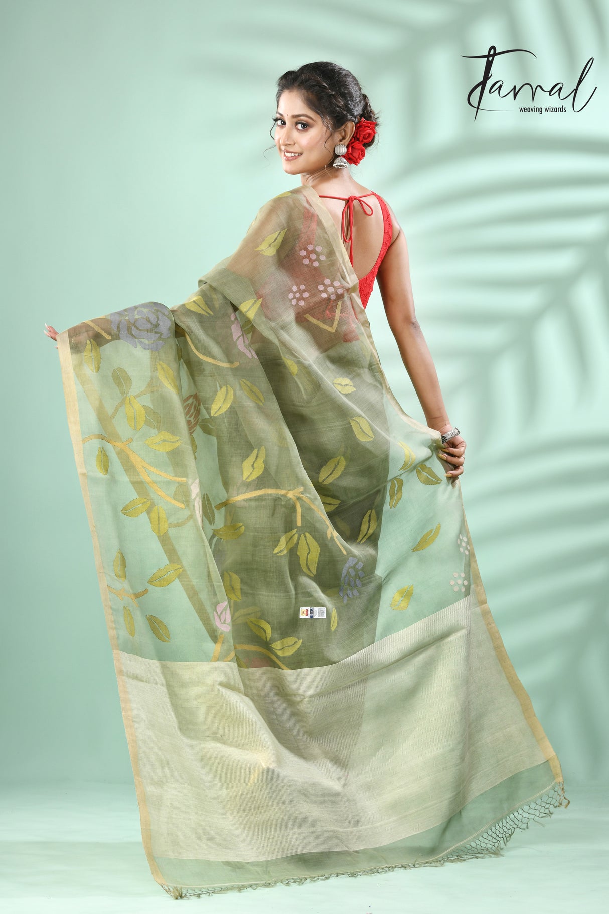 Moss Green rose motifs allover muslin silk hand woven jamdani saree