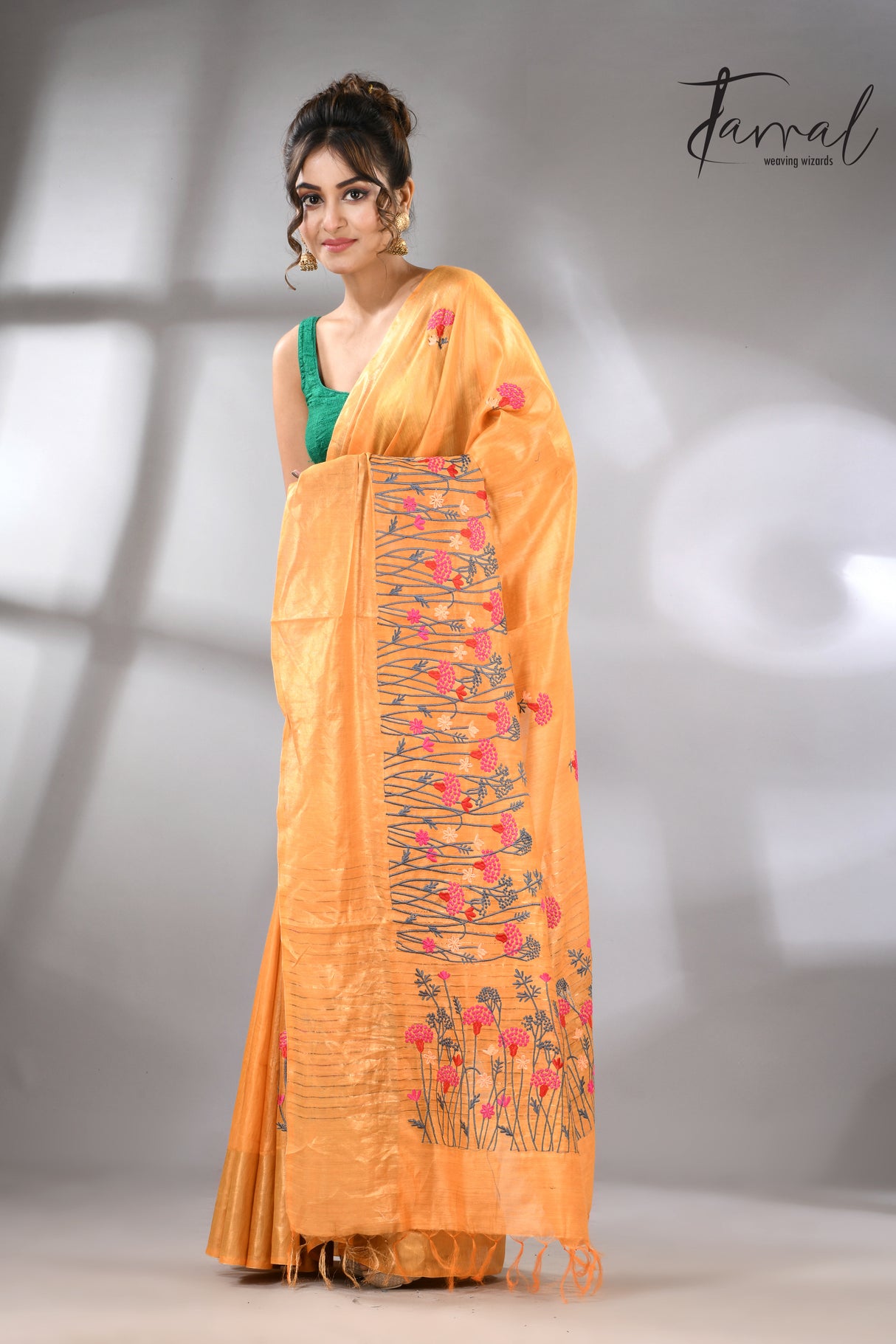 Golden Yellow with zari border bhagolpuri tusser silk embroidered saree