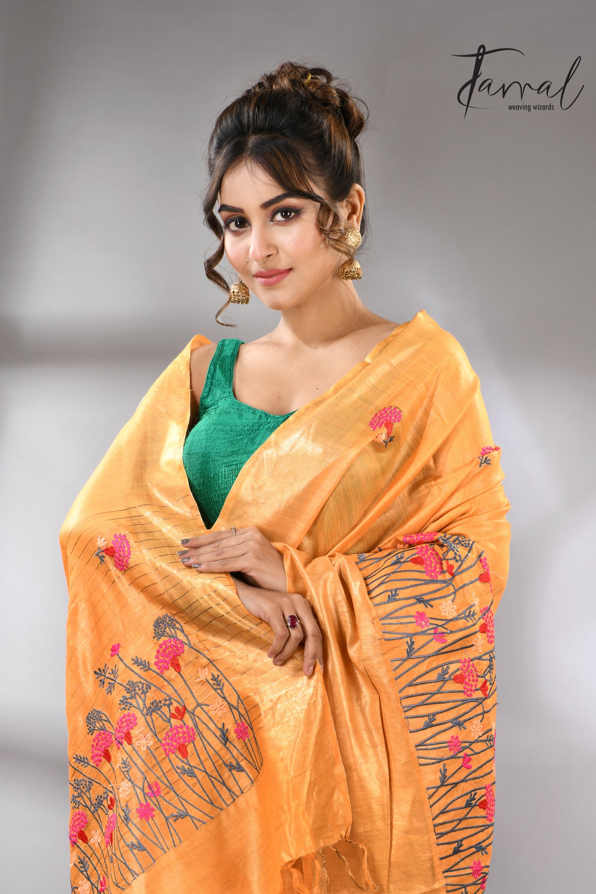 Golden Yellow with zari border bhagolpuri tusser silk embroidered saree