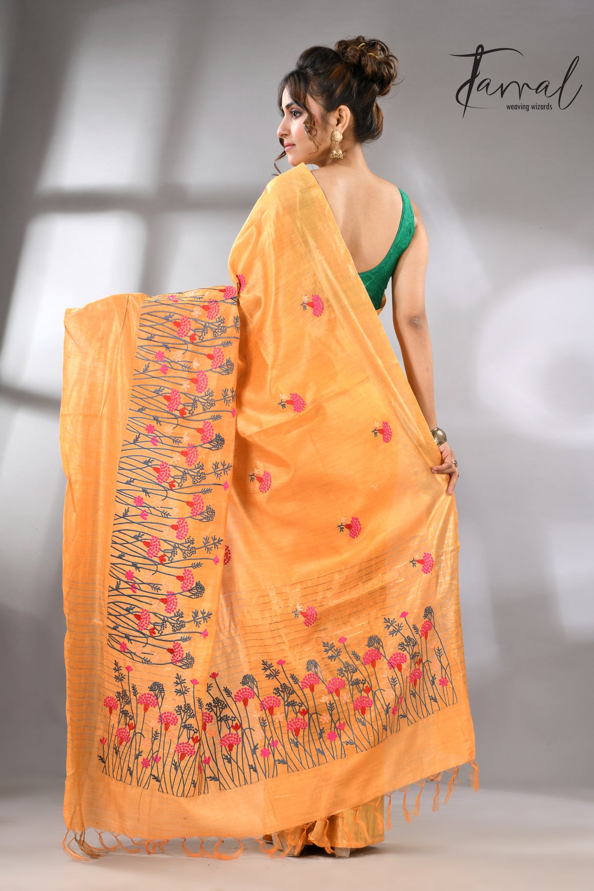 Golden Yellow with zari border bhagolpuri tusser silk embroidered saree