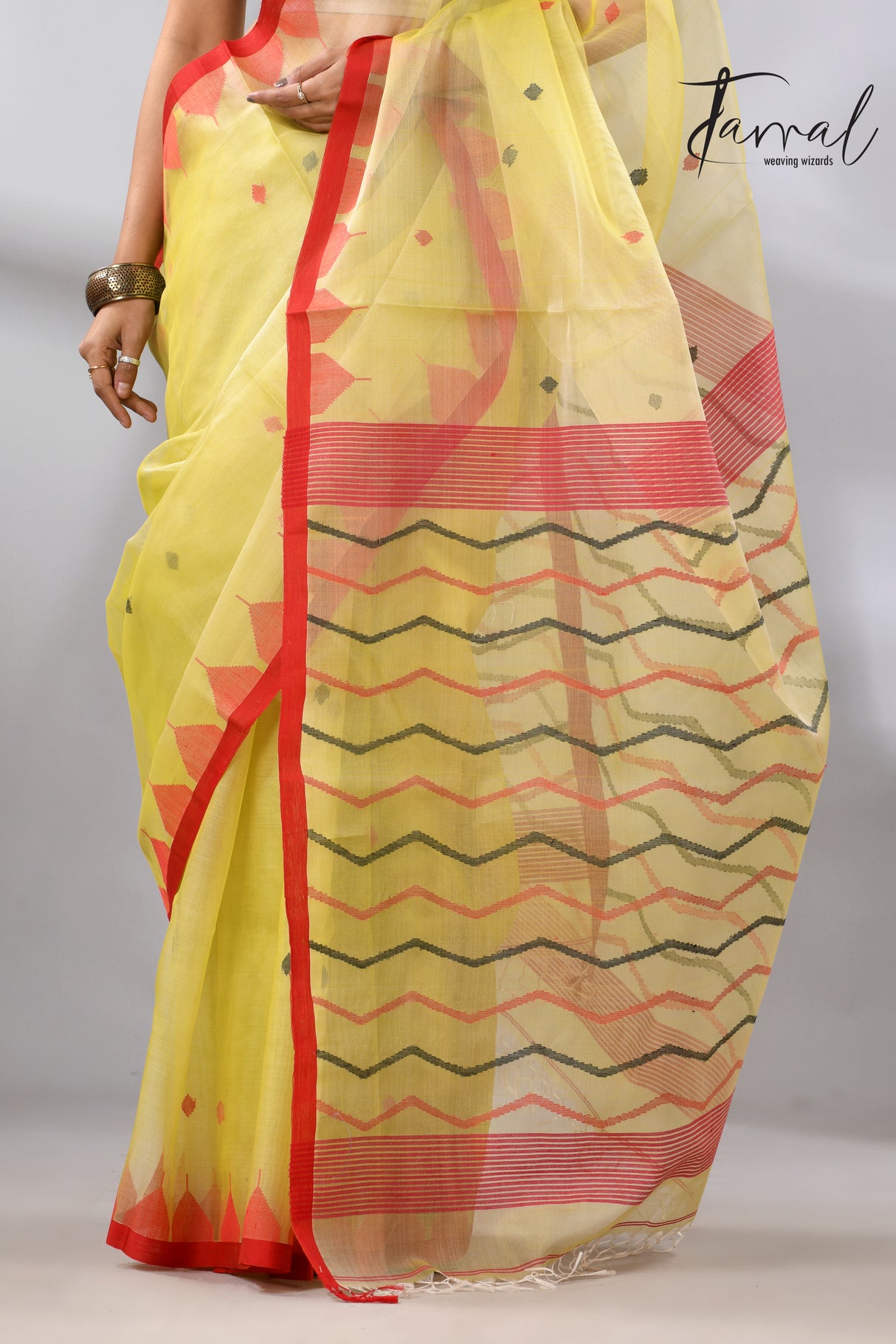 Lemon Yellow with red temple border muslin silk handwoven neddle work jamdani saree