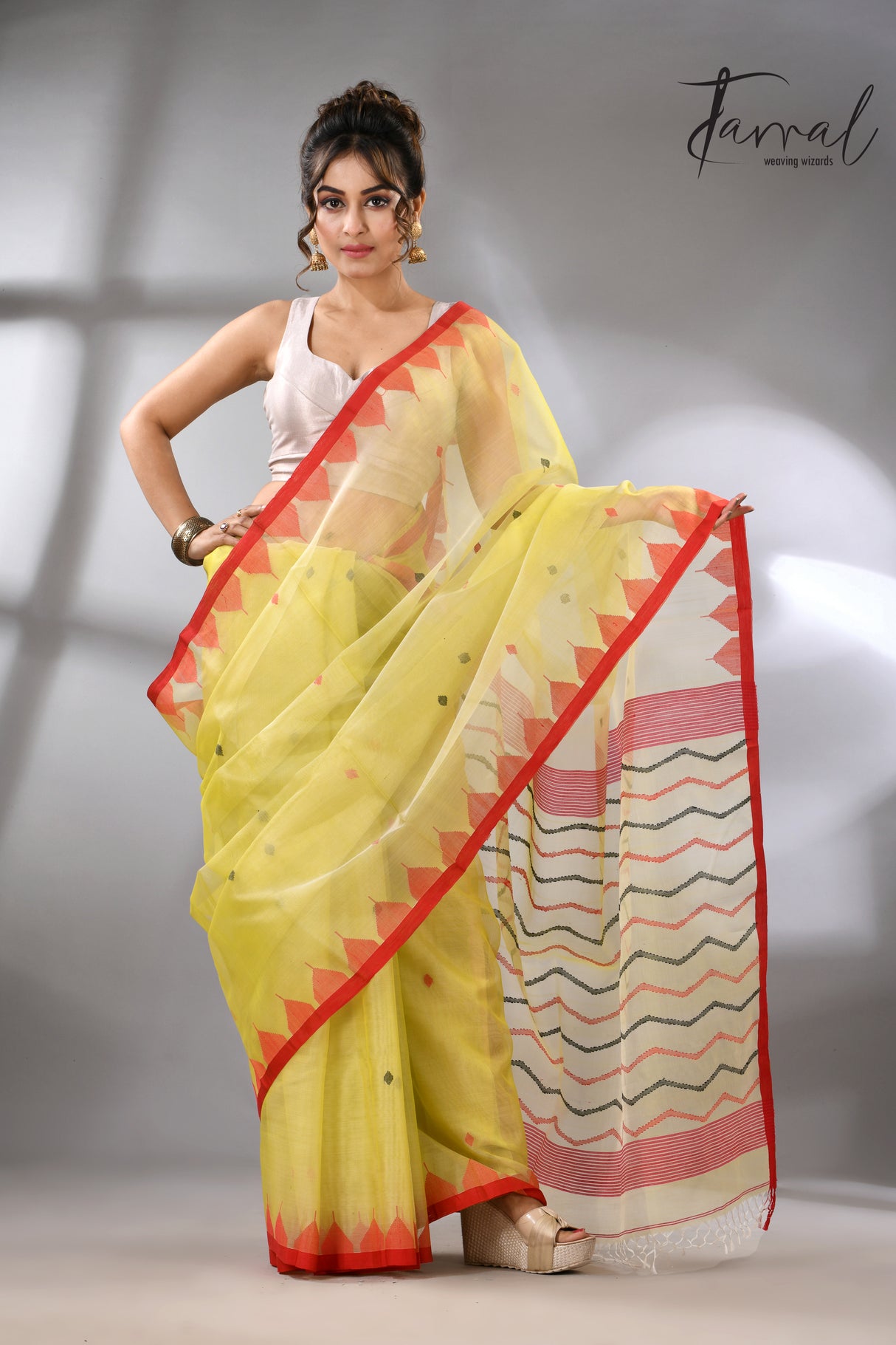 Lemon Yellow with red temple border muslin silk handwoven neddle work jamdani saree