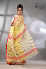 Lemon Yellow with red temple border muslin silk handwoven neddle work jamdani saree