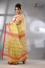 Lemon Yellow with red temple border muslin silk handwoven neddle work jamdani saree