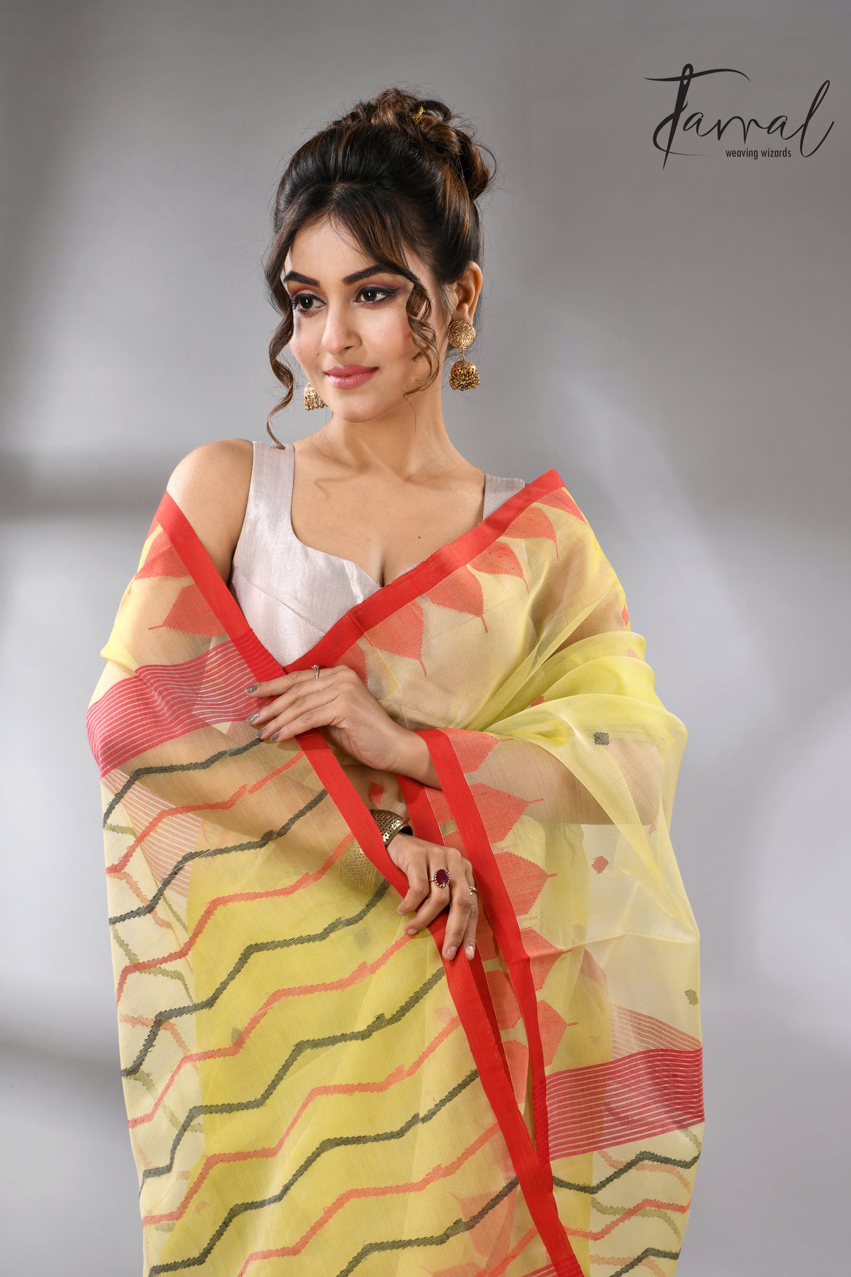 Lemon Yellow with red temple border muslin silk handwoven neddle work jamdani saree