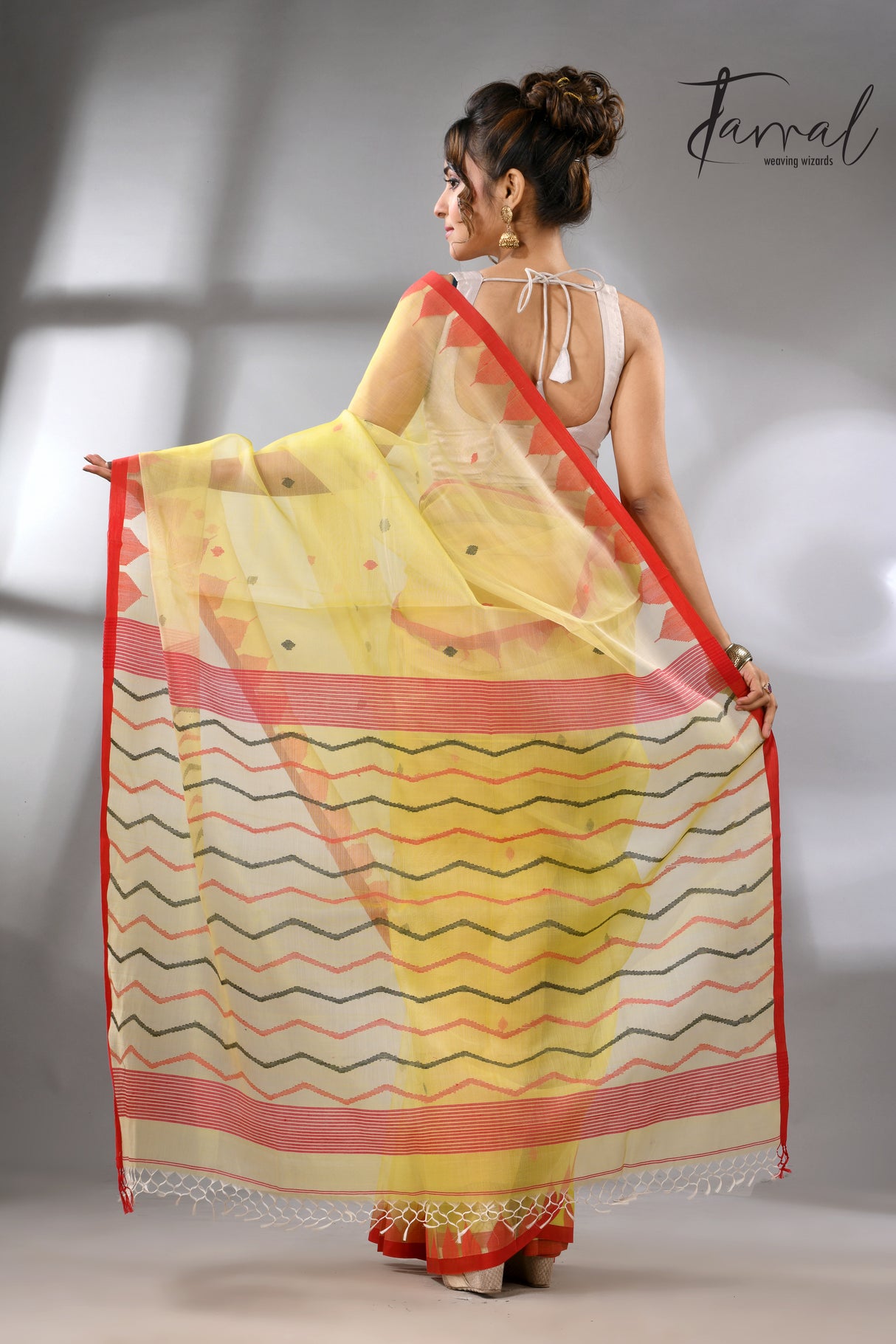 Lemon Yellow with red temple border muslin silk handwoven neddle work jamdani saree