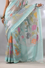 Firoza with light smoke gray and multi colour allover floral handwoven muslin silk jamdani saree