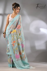 Firoza with light smoke gray and multi colour allover floral handwoven muslin silk jamdani saree