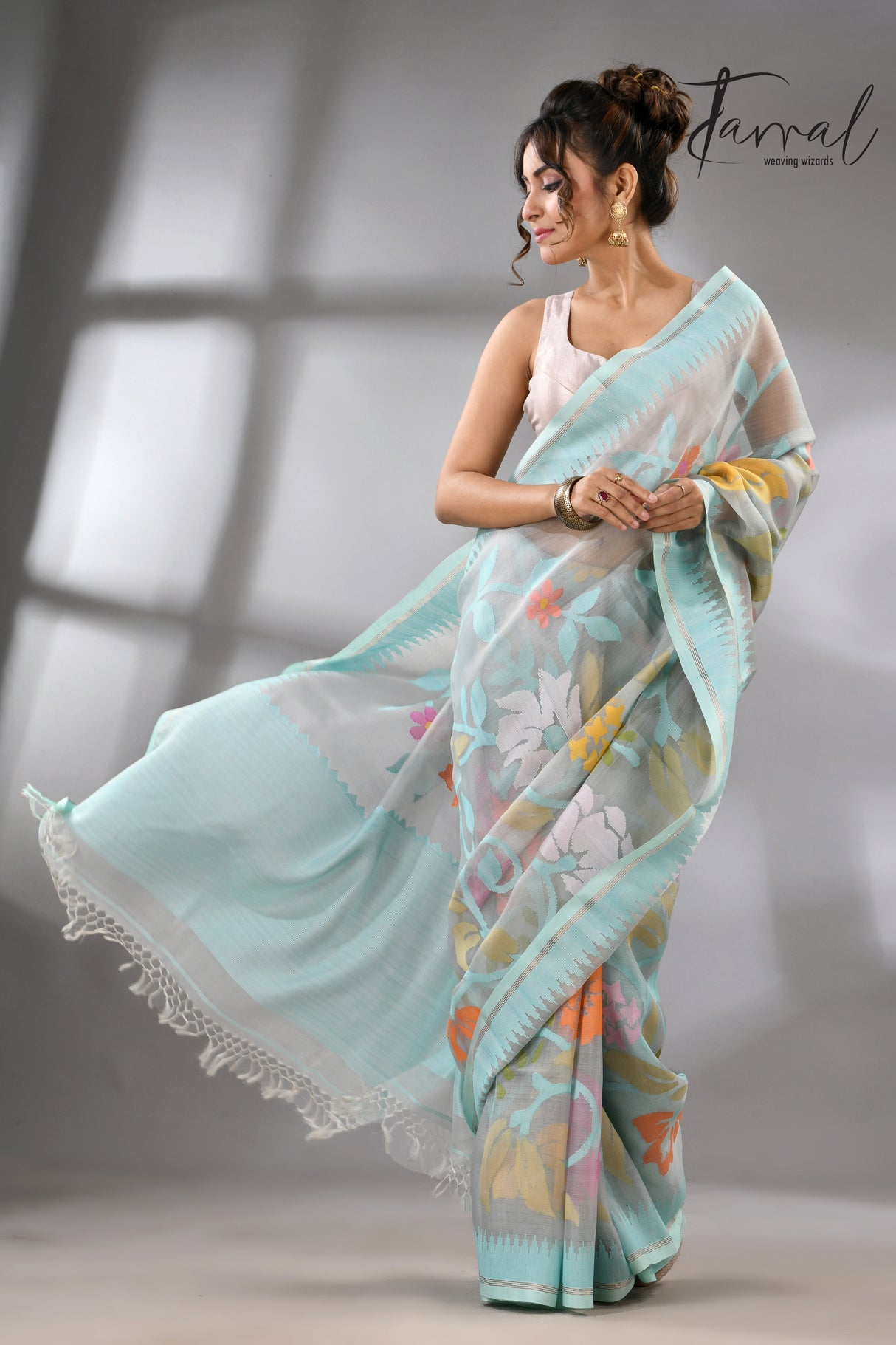 Firoza with light smoke gray and multi colour allover floral handwoven muslin silk jamdani saree - Tamal Boutique