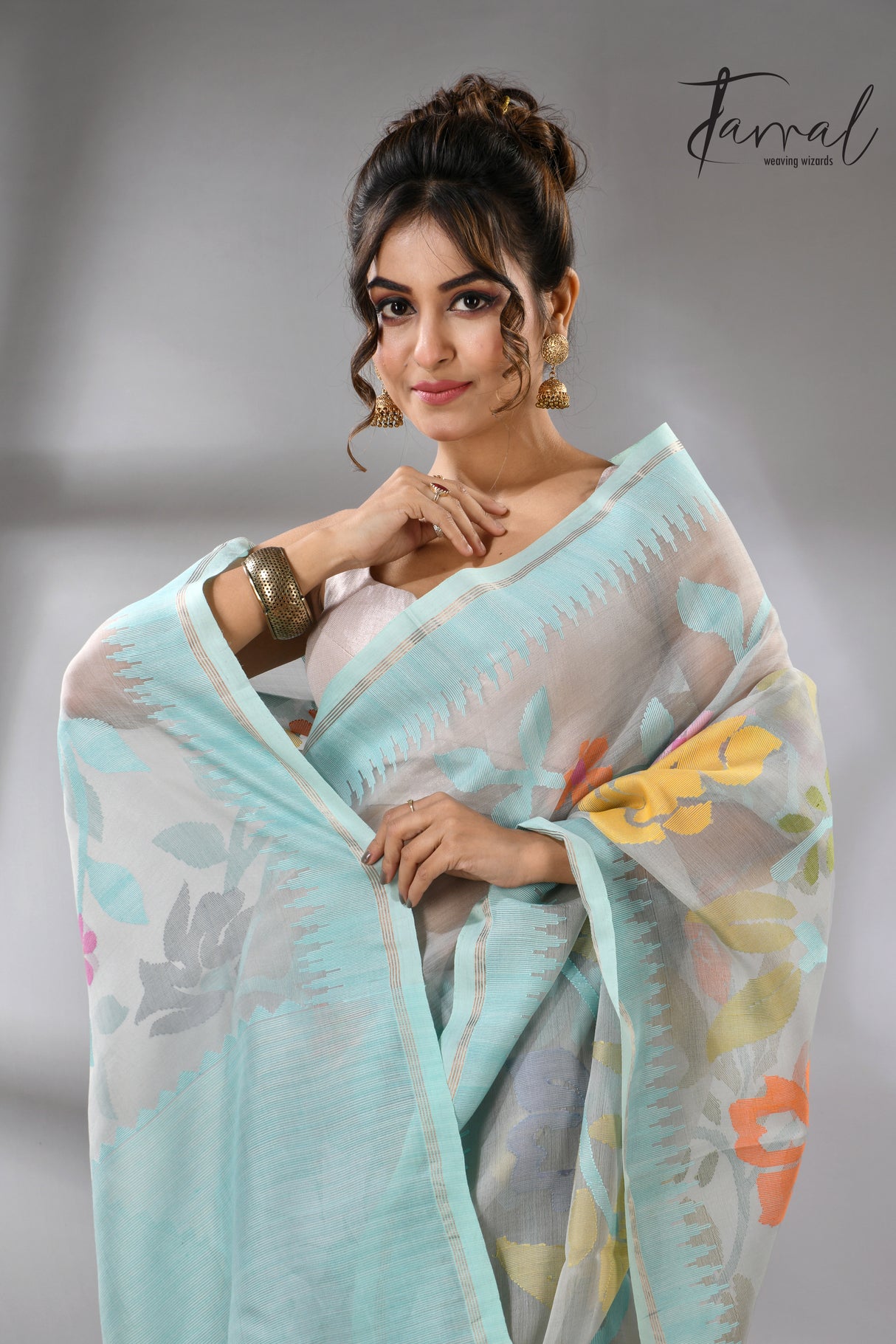 Firoza with light smoke gray and multi colour allover floral handwoven muslin silk jamdani saree - Tamal Boutique