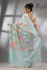 Firoza with light smoke gray and multi colour allover floral handwoven muslin silk jamdani saree - Tamal Boutique