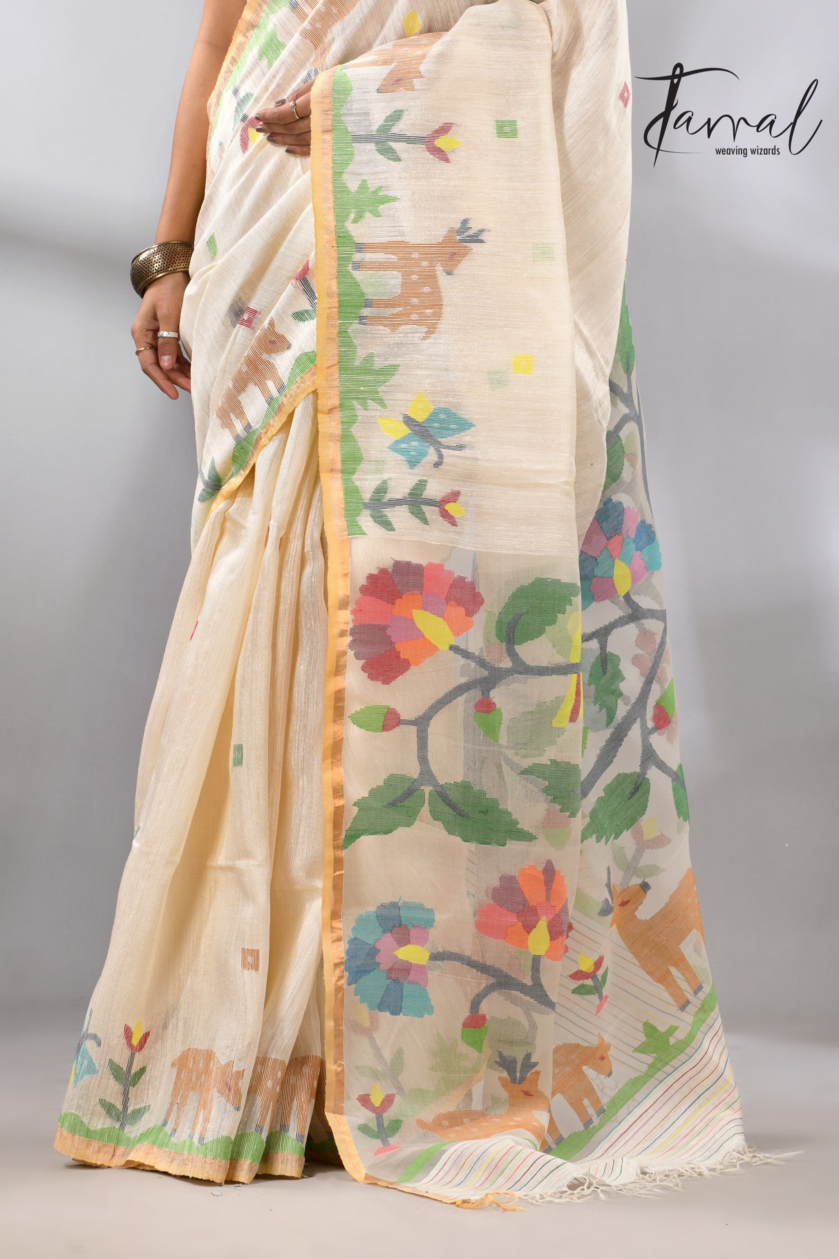 Offwhite story of our jungle book handwoven jamdani in pure matka silk