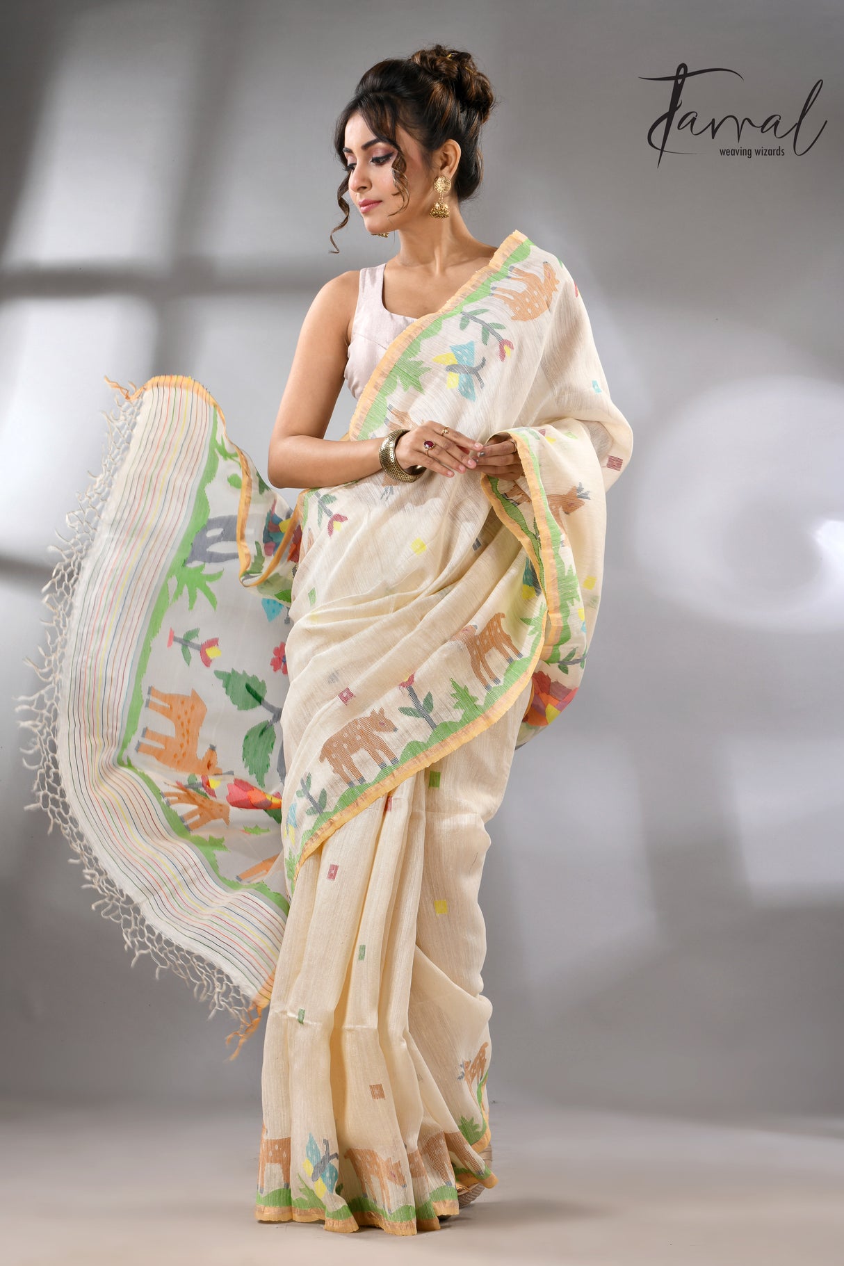 Offwhite story of our jungle book handwoven jamdani in pure matka silk