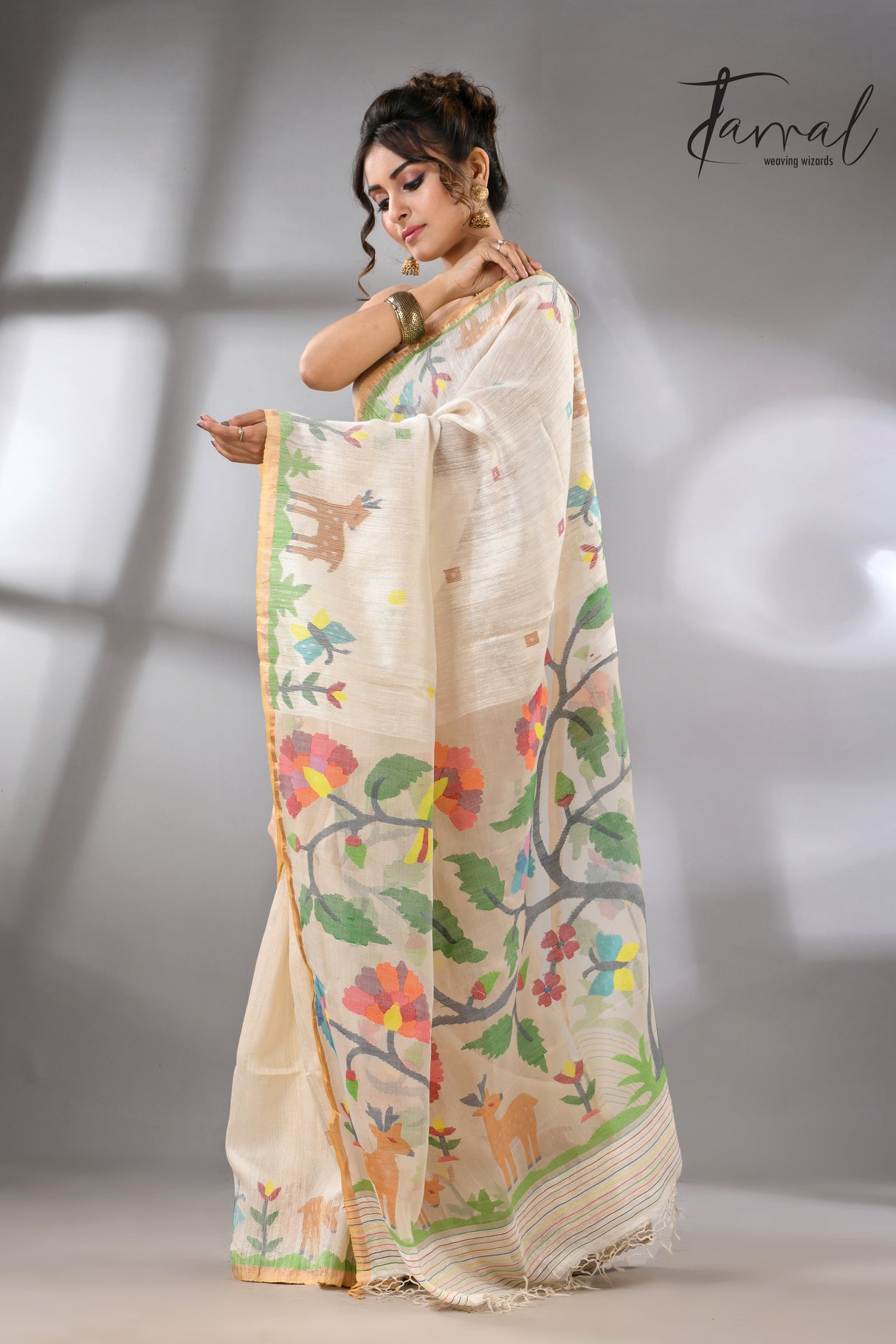 Offwhite story of our jungle book handwoven jamdani in pure matka silk