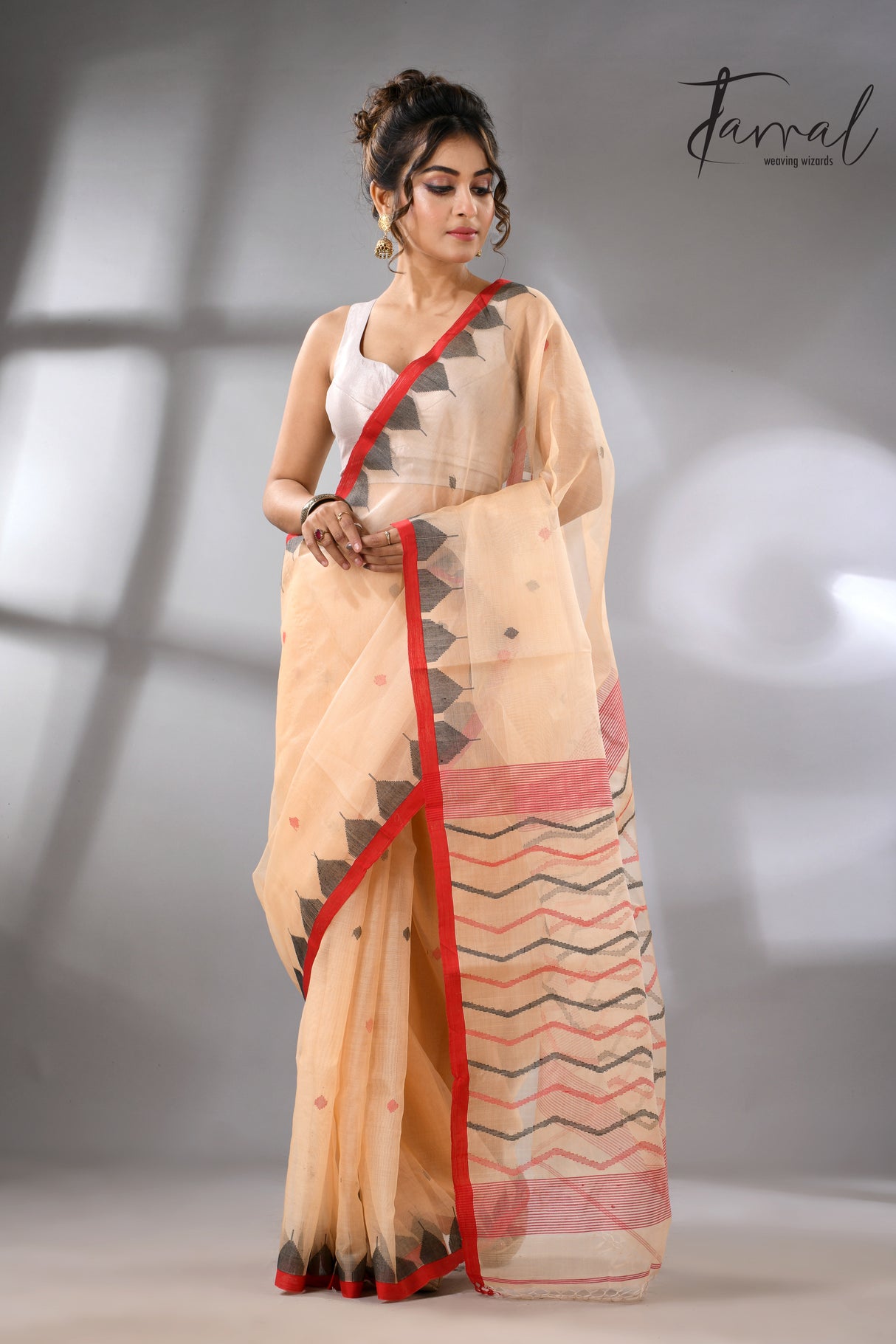 Muga with red & black temple border muslin silk handwoven neddle work jamdani saree