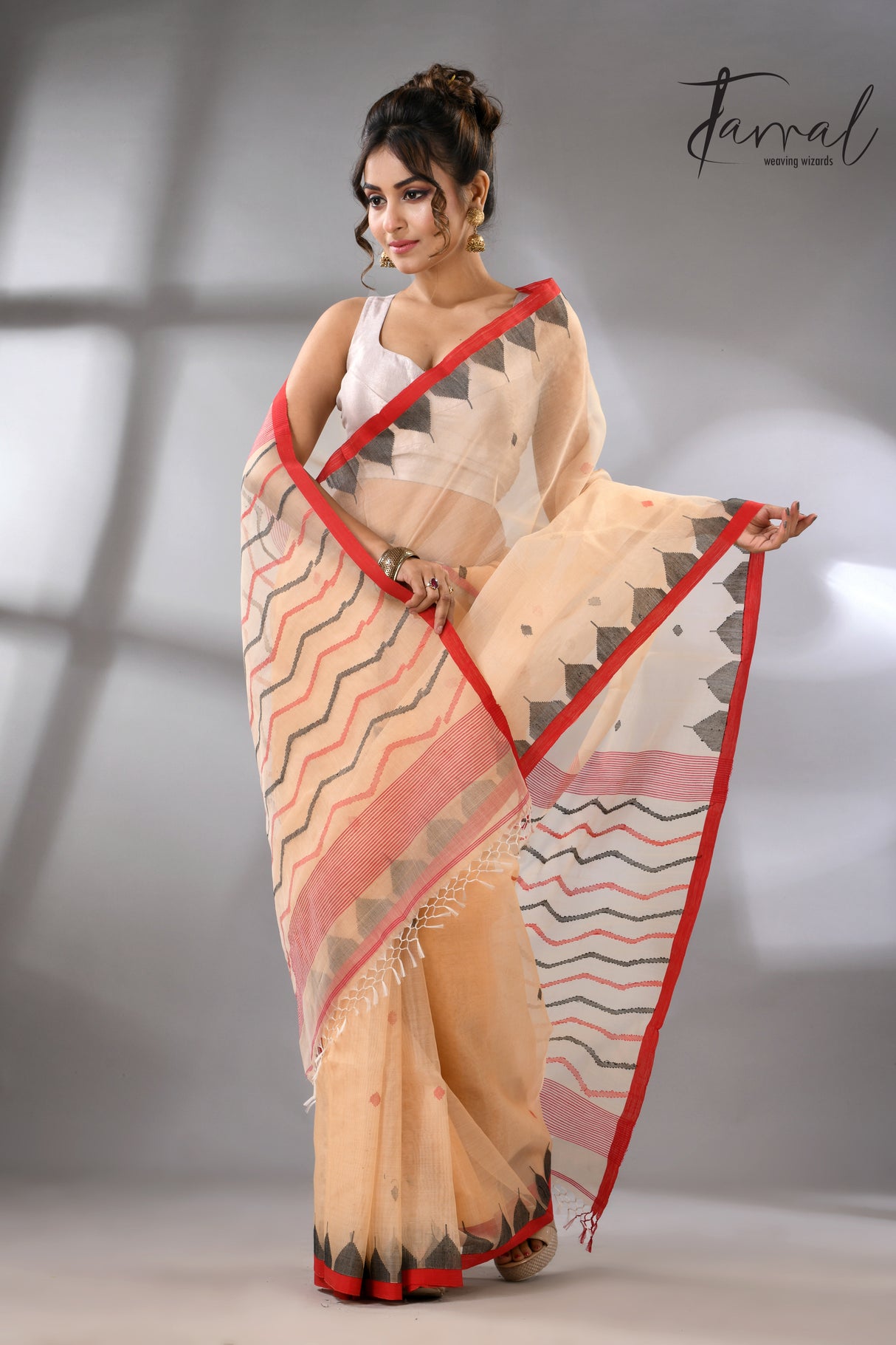 Muga with red & black temple border muslin silk handwoven neddle work jamdani saree