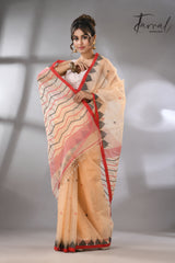 Muga with red & black temple border muslin silk handwoven neddle work jamdani saree