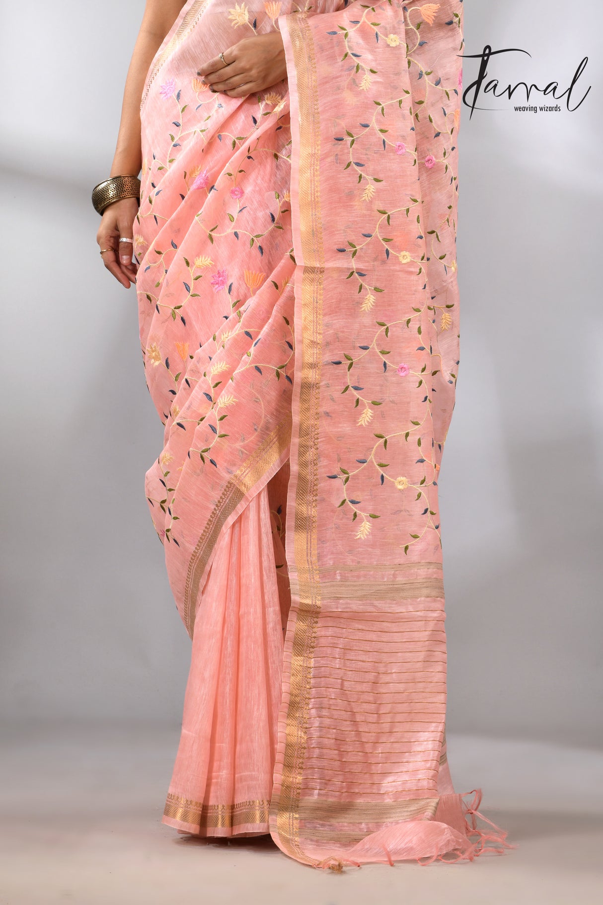 Baby Pink with zari border silk linen embroidered handloom saree