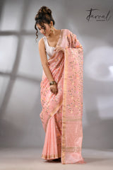 Baby Pink with zari border silk linen embroidered handloom saree