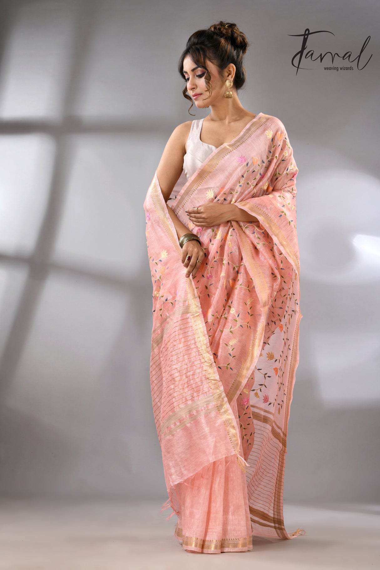 Baby Pink with zari border silk linen embroidered handloom saree