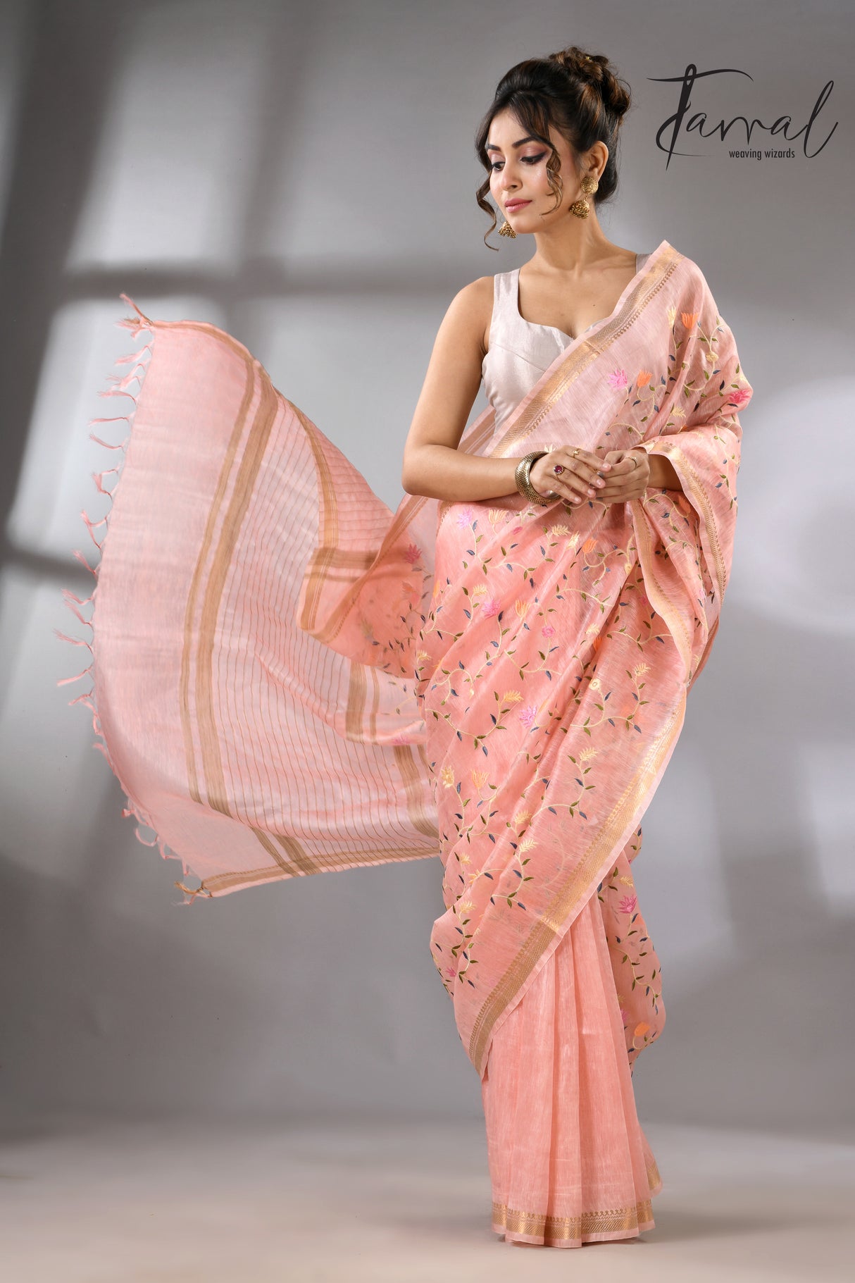 Baby Pink with zari border silk linen embroidered handloom saree