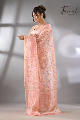 Baby Pink with zari border silk linen embroidered handloom saree