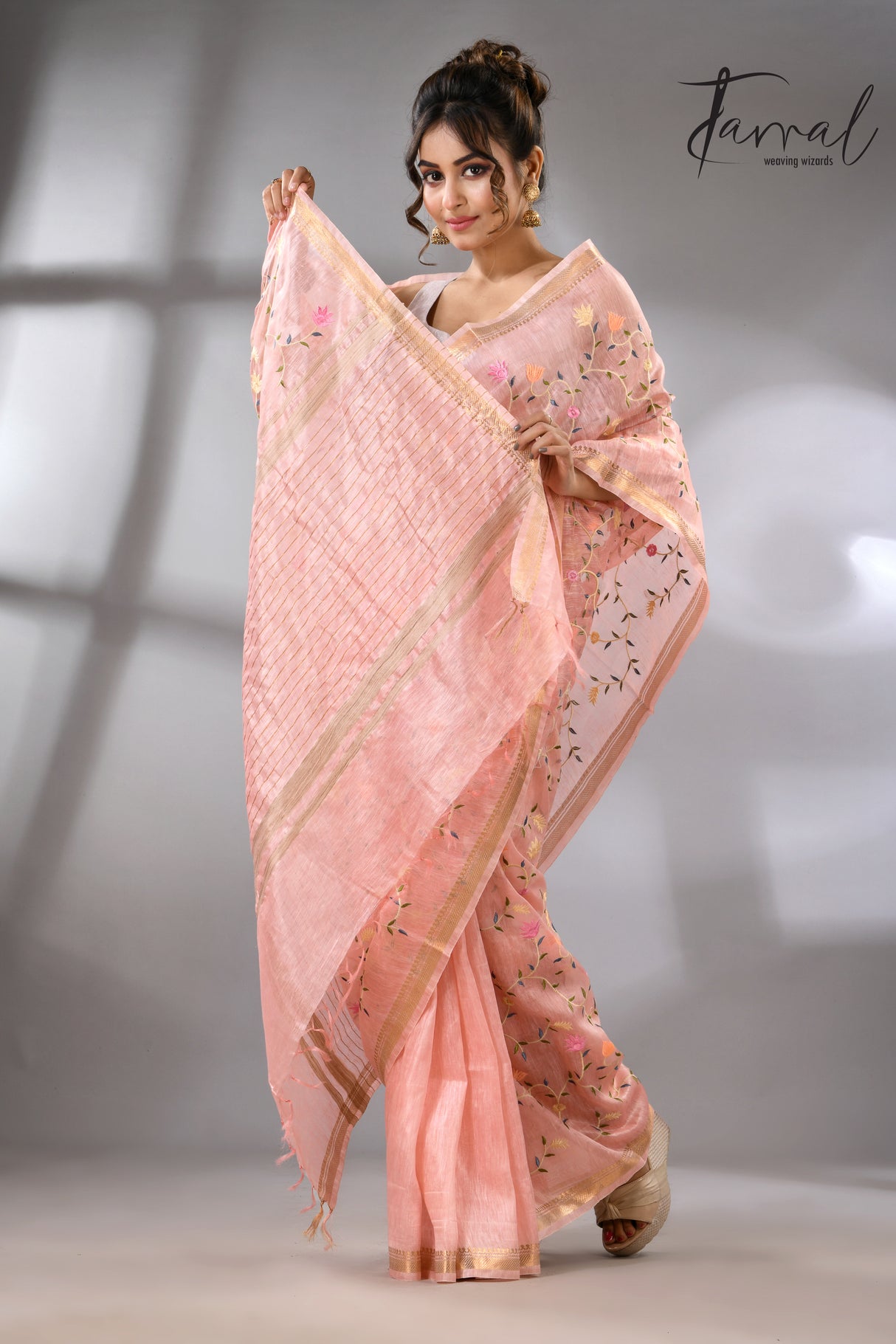 Baby Pink with zari border silk linen embroidered handloom saree