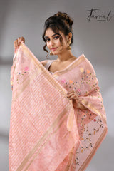 Baby Pink with zari border silk linen embroidered handloom saree