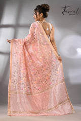 Baby Pink with zari border silk linen embroidered handloom saree