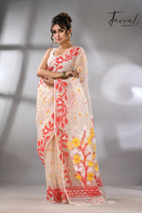 Offwhite with red lata soft muslin handloom dhakai jamdani saree