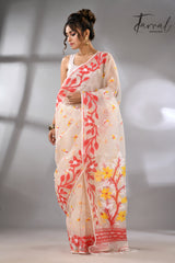 Offwhite with red lata soft muslin handloom dhakai jamdani saree - Tamal Boutique